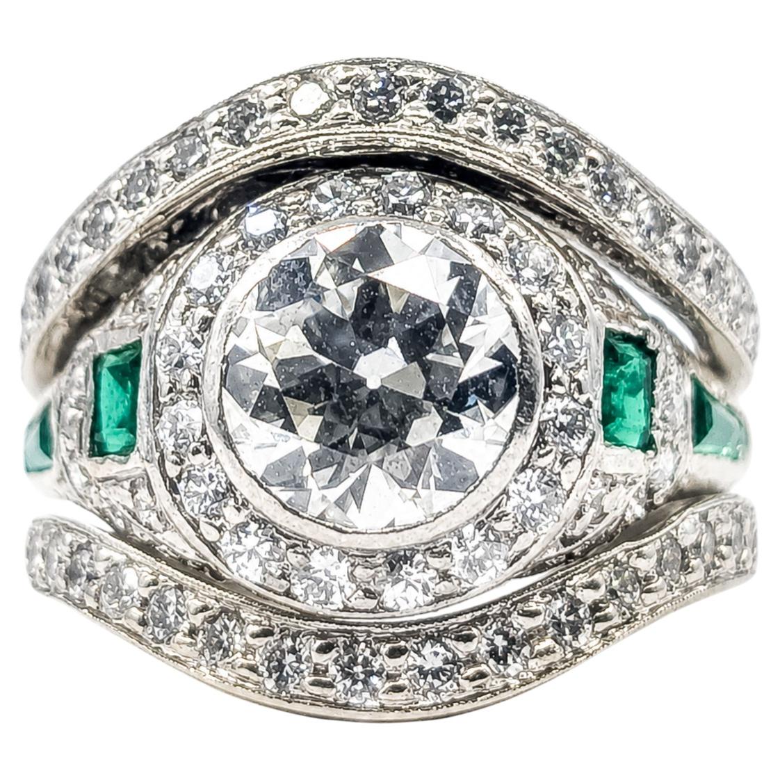 Art Deco Diamond and Emerald Engagement Ring with Matching Band For Sale