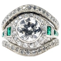 Art Deco Diamond and Emerald Engagement Ring with Matching Band
