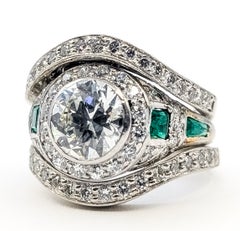 Art Deco Diamond and Emerald Engagement Ring with Matching Band