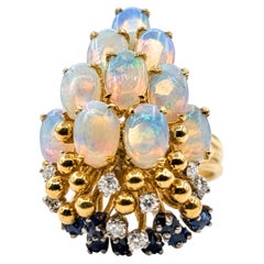 Mid-Century Opal, Sapphire and Diamond Floral Spray Ring in 18K Yellow Gold