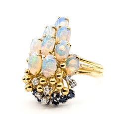 Mid-Century Opal, Sapphire and Diamond Floral Spray Ring in 18K Yellow Gold