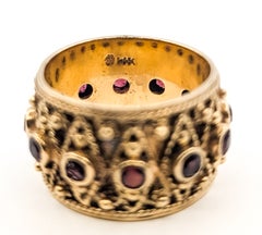 Mid-Century Garnet Etruscan Revival Cigar Band Ring in 14K Yellow Gold