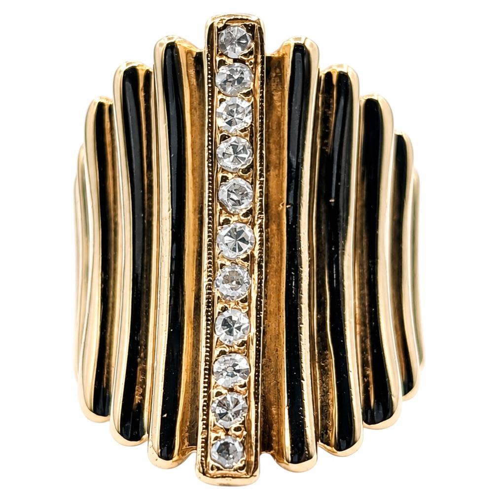Retro Diamond and Black Enamel Cigar Band Ring in 14K Yellow Gold