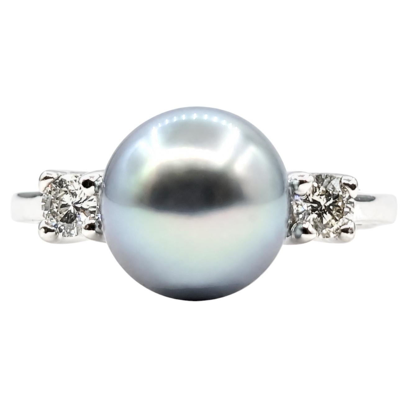 Tahitian Pearl and Diamond Three-Stone Ring in 14K White Gold For Sale
