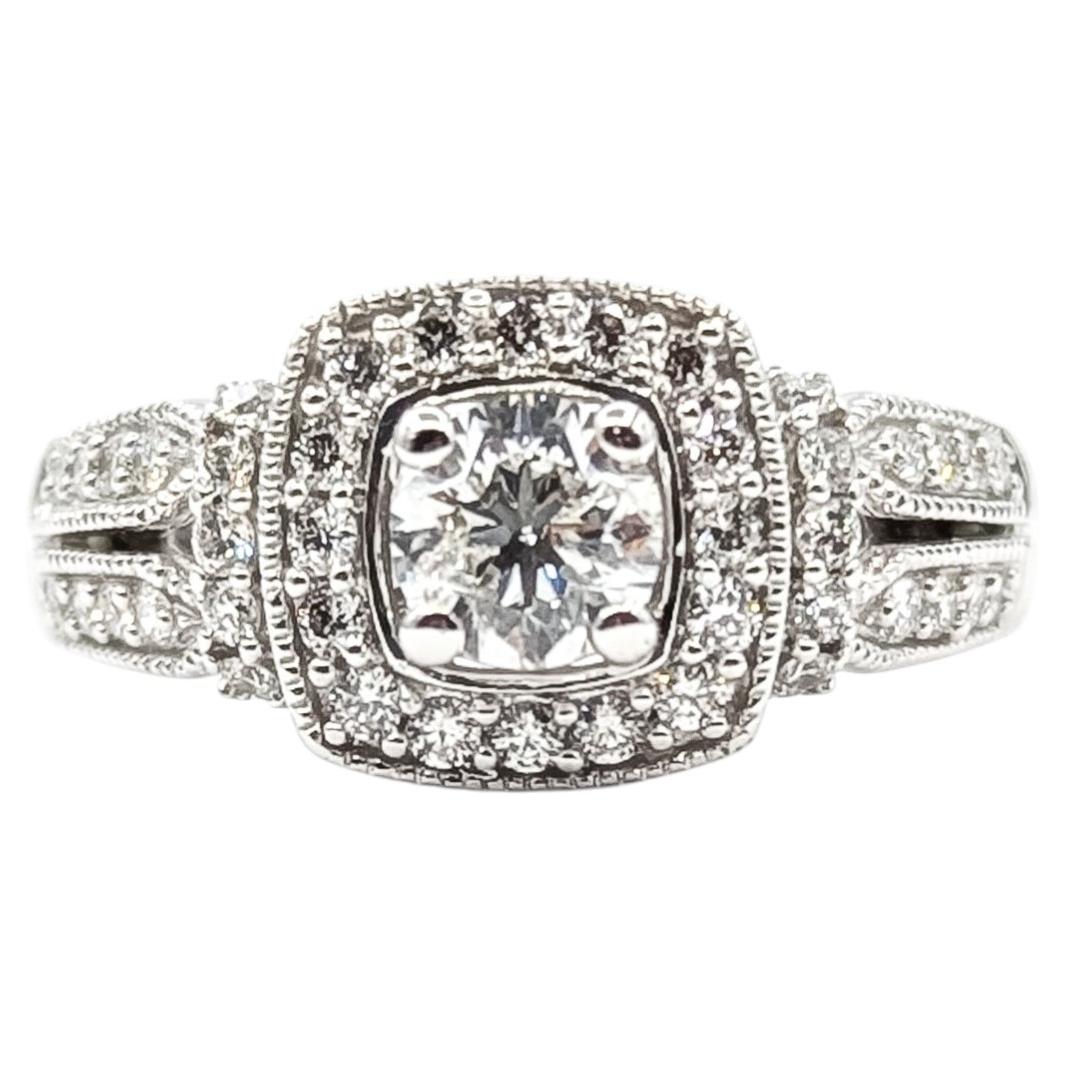 Refined Diamond Halo Ring in 14k White Gold For Sale