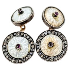 Guilloché Ruby and Diamond Cufflinks in 14K Yellow Gold