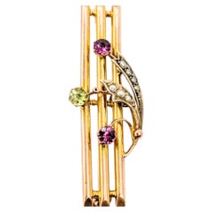 Vintage Tourmaline and Seed Pearl Crescent Brooch in 14K Yellow Gold