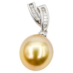 Golden South Sea Pearl and Baguette Diamond Drop Pendant in 18K White Gold