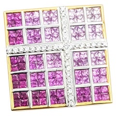 Vibrant Pink Sapphire & Diamond Square Pendant in 18k Yellow Gold