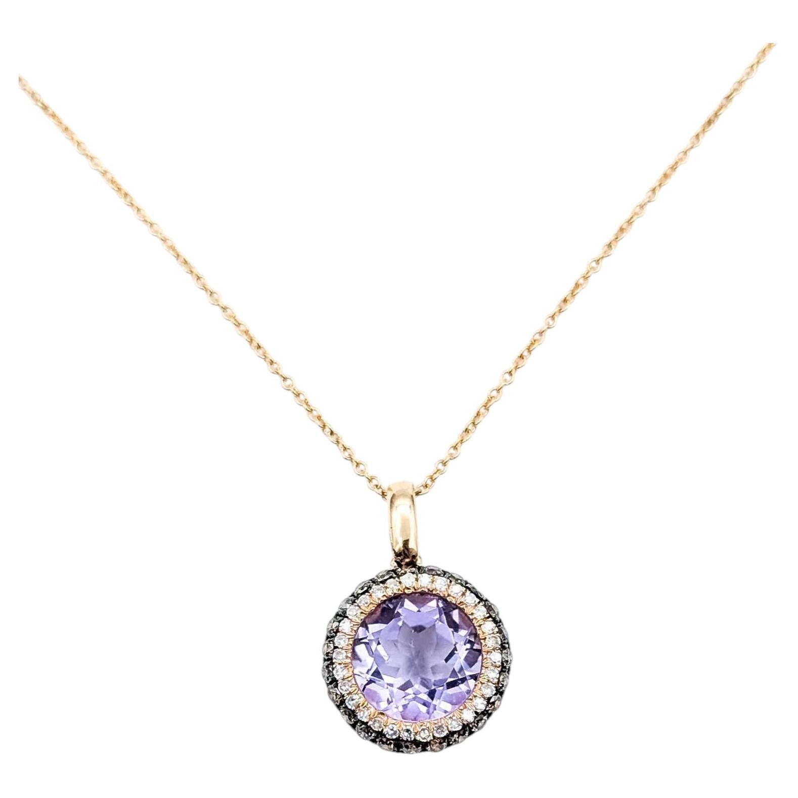 Amethyst & Diamond in 14k Rose Gold Pendant Necklace For Sale