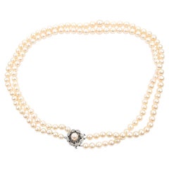 Double-Strand Graduated Akoya Pearl and Diamond Necklace in 14K White Gold