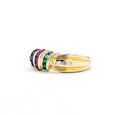 Vibrant Emerald, Ruby, Sapphire & Diamond Ring in 18k Yellow Gold