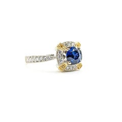 Two-Tone 18k Gold Natural Blue Sapphire & Diamond Halo Ring