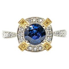 Two-Tone 18k Gold Natural Blue Sapphire & Diamond Halo Ring
