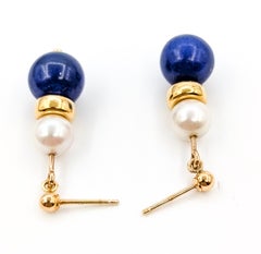 Lapis Lazuli and Pearl Layered Dangle Earrings in 14K Yellow Gold