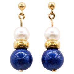 Lapis Lazuli and Pearl Layered Dangle Earrings in 14K Yellow Gold
