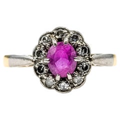 Halo-Ring im edwardianischen Stil mit rosa Saphiren (0,60 Karat insgesamt) und Diamanten aus 18 Karat Gelbgold und Pl