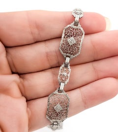 Bracciale Art Déco con maglie in filigrana e diamanti, in oro bianco 10K
