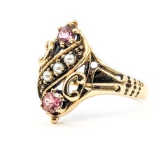 Victorian Pink Tourmaline and Seed Pearl Navette Ring in 9K Yellow Gold
