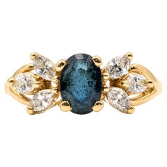 Teal Blue Sapphire and Marquise Diamond Seven-Stone Botanical Ring in 14K Yellow