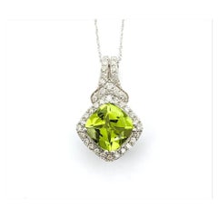 Radiant Peridot & Diamond Drop Pendant in 10k White Gold