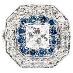 Radiant Princess Cut Diamond & Blue Diamond Halo Ring in 14k White Gold