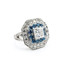 Radiant Princess Cut Diamond & Blue Diamond Halo Ring in 14k White Gold