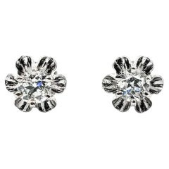Old European Cut Diamond Buttercup Stud Earrings in 14k White Gold