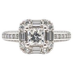 1.33 CTW Round and Princess Cut Diamond Halo Engagement Ring in 14K White Gold