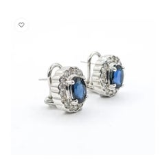 Oval Blue Sapphire & Diamond Halo Earrings in 14k White Gold