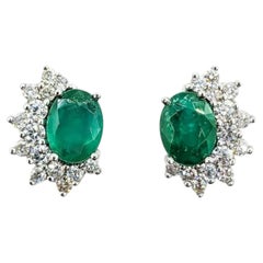 Radiant Emerald & Diamond Earrings in 14k White Gold