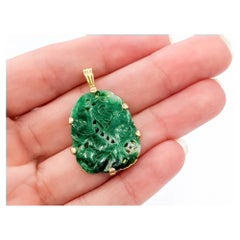 Mid-Century Carved Nephrite Jade Pendant in 14k Yellow Gold