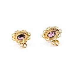 Mid-Century Purple Glass Stud Earrings in 14k Yellow Gold
