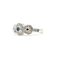 Three Station Blue & White Diamond Halo Ring in 14k White Gold