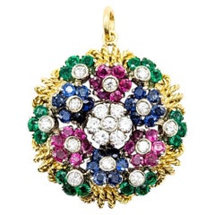 Vibrante Colgante de Esmeralda, Rubí, Zafiro y Diamante en Oro Amarillo de 18k