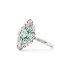 Antique Emerald & Diamond Shield Ring in Platinum