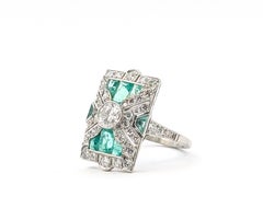 Antique Emerald & Diamond Shield Ring in Platinum