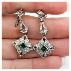 Art Deco-Style Emerald and Diamond Dangle Earrings in Platinum
