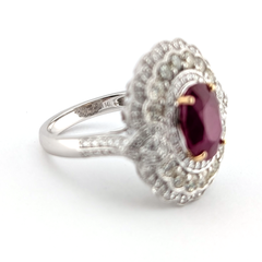 Scalloped Halo Ruby and Diamond Ring in 14K White and Yellow Gold- GIA 524106858