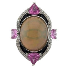Golden Opal, Pink Sapphire, Diamond and Black Enamel Cocktail Ring in Platinum