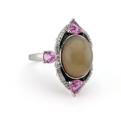 Golden Opal, Pink Sapphire, Diamond and Black Enamel Cocktail Ring in Platinum