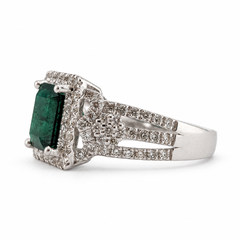 1.61 Carat Emerald and Diamond Halo Ring in Platinum