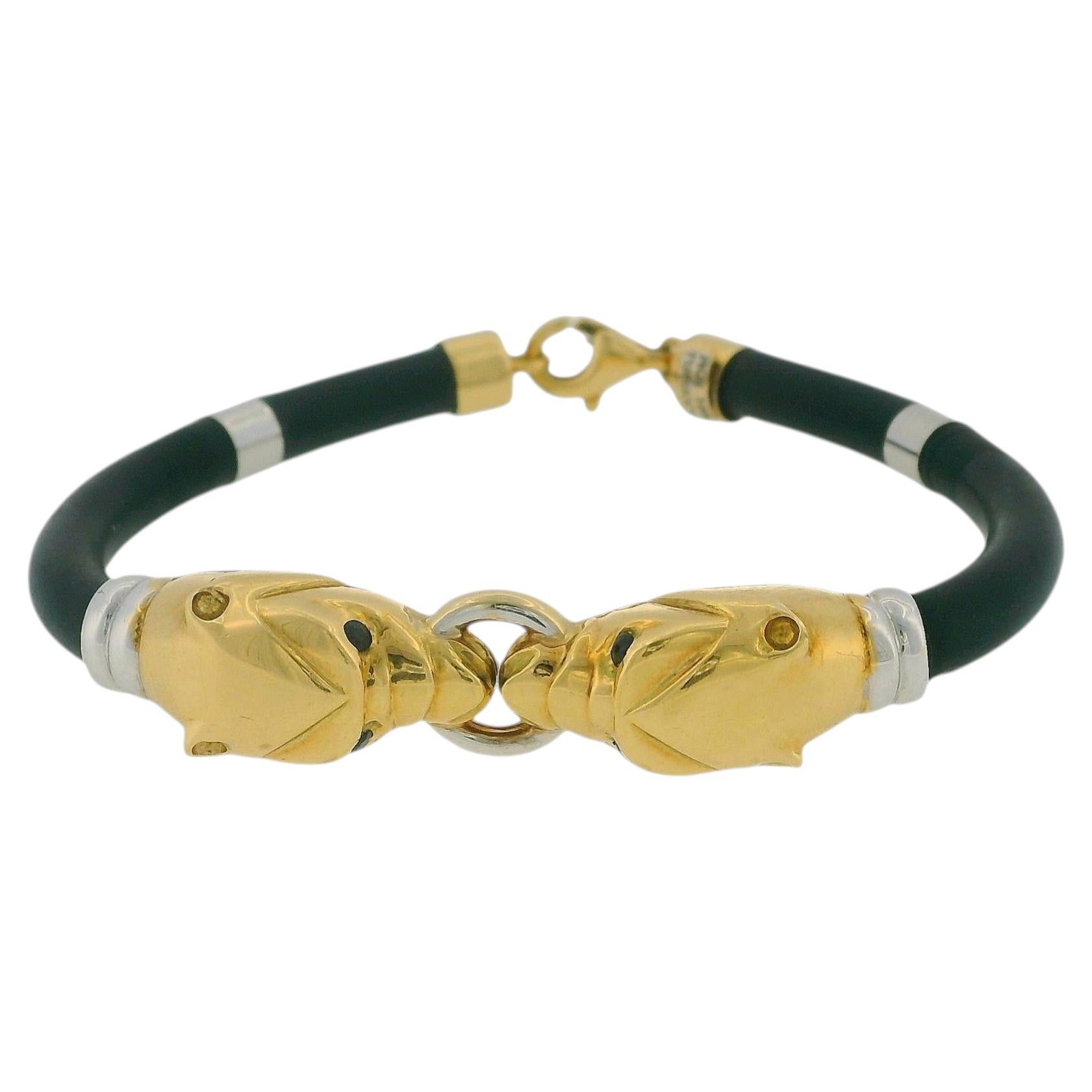 18K Yellow & White Gold Two-Panther With Sapphire Eyes Bracelet For Sale