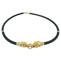 Two Panther Head 18K Yellow & White Gold Black Rubber Cord Necklace