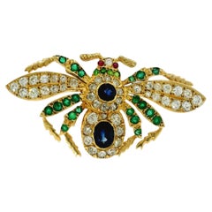 18K Yellow Gold Brooch with Diamond, Emerald, Sapphire & Ruby