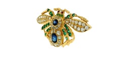 18K Yellow Gold Brooch with Diamond, Emerald, Sapphire & Ruby