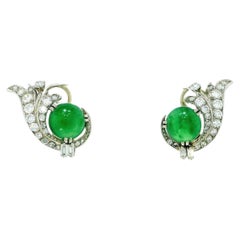 18k White Gold Teardrop Pave with Double Cabochon Jade GIA Certified Earrings