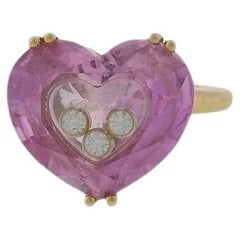 Chopard 18K Yellow Gold Pink Heart Shape Stone with Three Floating Diamond Ring
