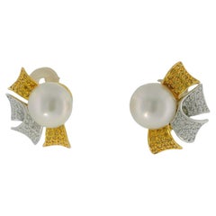 18K Yellow Gold Button Pearl with Four Pave White & Yellow Diamond Earrings