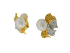 18K Yellow Gold Button Pearl with Four Pave White & Yellow Diamond Earrings